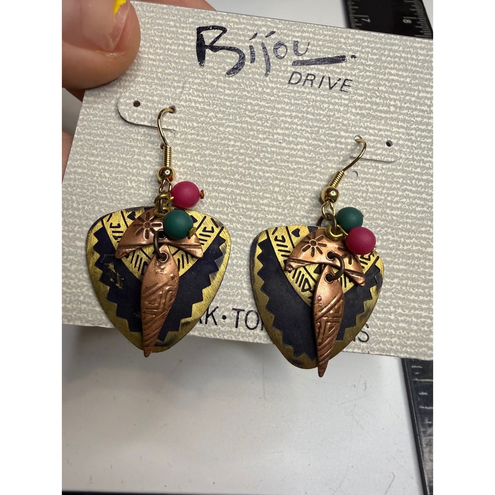 Bijou Drive Geometric Shield Drop Earrings Gold Black Copper Beaded Statement